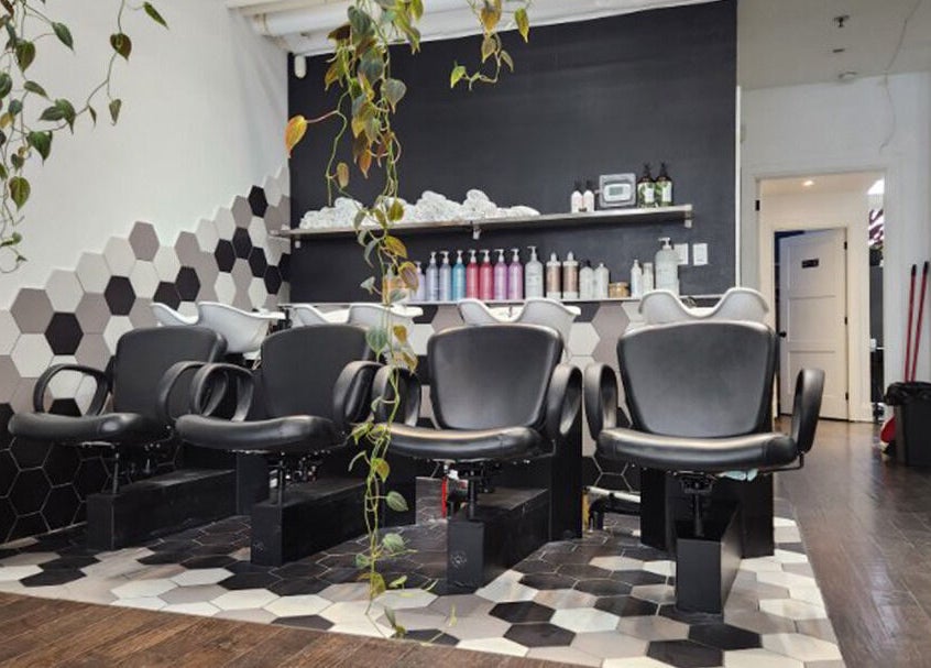 Sleek salon interior with styling chairs at Josh The Hair Witch at Sekt Studios, Toronto, Ontario, CA.