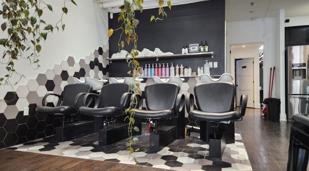 Sleek salon interior with styling chairs at Josh The Hair Witch at Sekt Studios, Toronto, Ontario, CA.