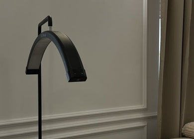 Contemporary lamp in a serene room at GLAMBY GIA, Melbourne, Victoria, AU.