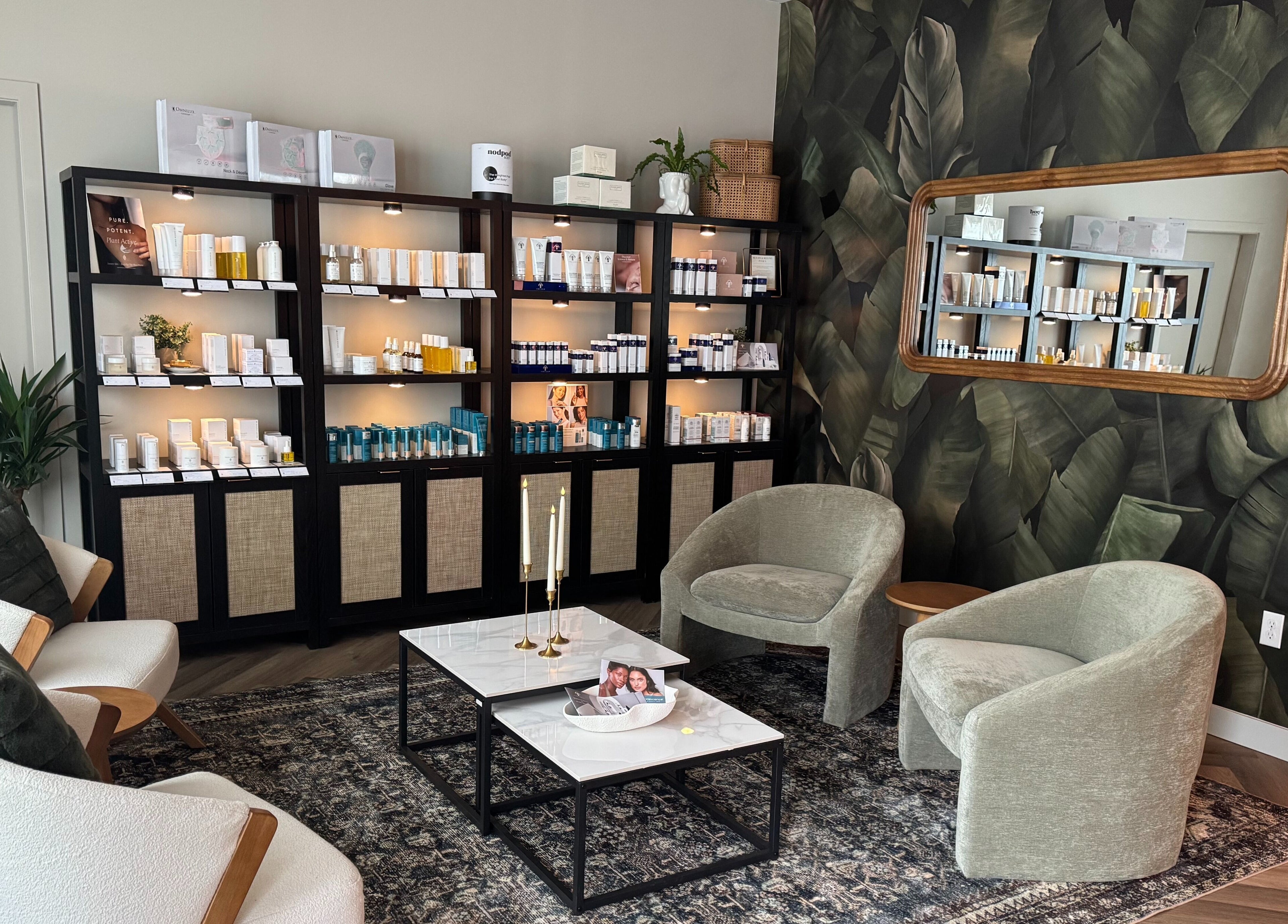 Comfortable seating and product display at La Luma Spa & Aesthetics, Drumheller, Alberta, CA.
