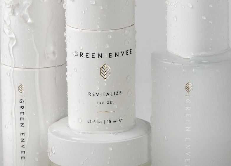 Green Envee skincare bottles showcased at La Luma Spa & Aesthetics, Drumheller, Alberta, CA.