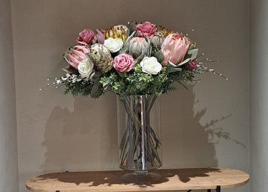 Elegant protea floral arrangement at Scissors And Style, Pretoria, Gauteng, ZA.