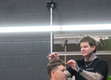 Skilled hairstylist crafting a haircut at Sanctum Studio Perth, Subiaco, Western Australia, AU.