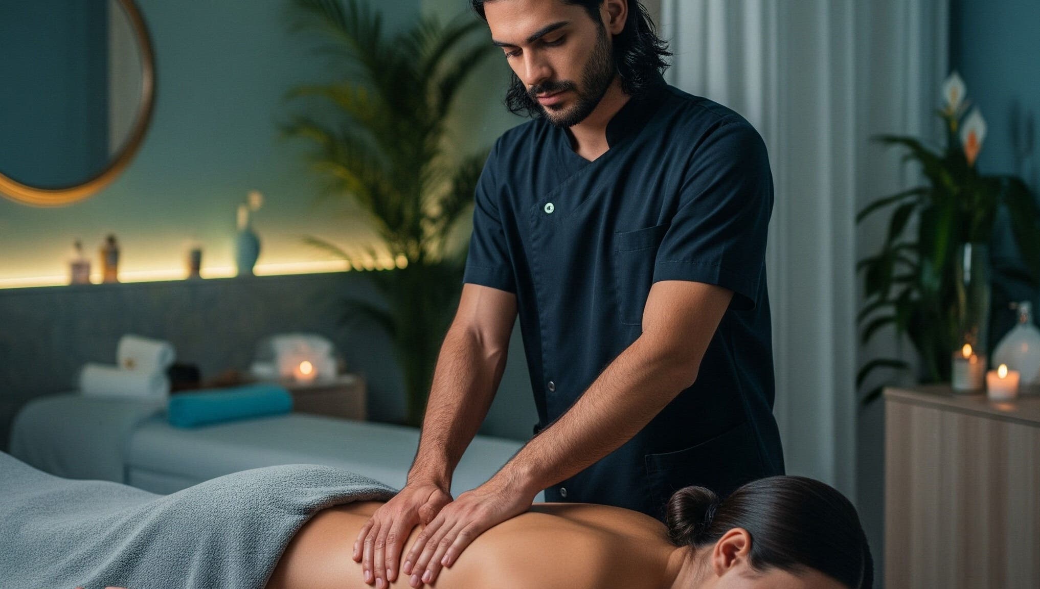 Relaxing massage session at Dopamine Rush, Pointe-claire, Québec, CA. Inviting ambiance with candles and plants.