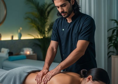 Relaxing massage session at Dopamine Rush, Pointe-claire, Québec, CA. Inviting ambiance with candles and plants.