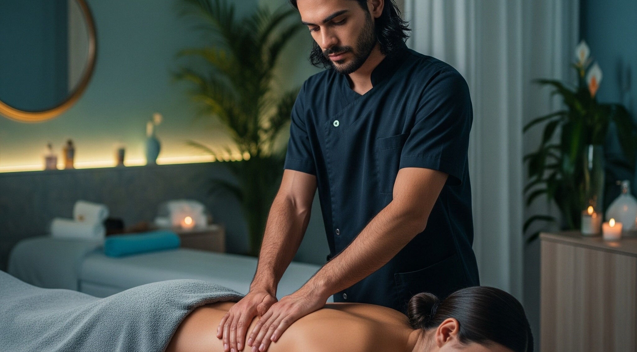 Relaxing massage session at Dopamine Rush, Pointe-claire, Québec, CA. Inviting ambiance with candles and plants.