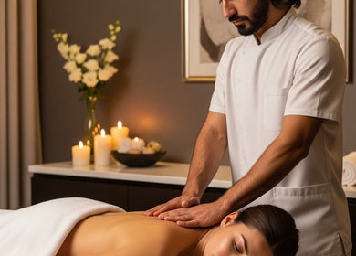 Relaxing massage scene at Dopamine Rush, Pointe-claire, Québec, CA, with calming candles and flowers.