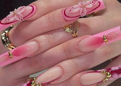 Elegant pink and gold floral nail art at VIP Nails and Spa Official, Lodi, California, US.