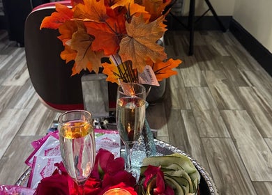 Cozy autumn decor with champagne at VIP Nails and Spa Official in Lodi, California, US.