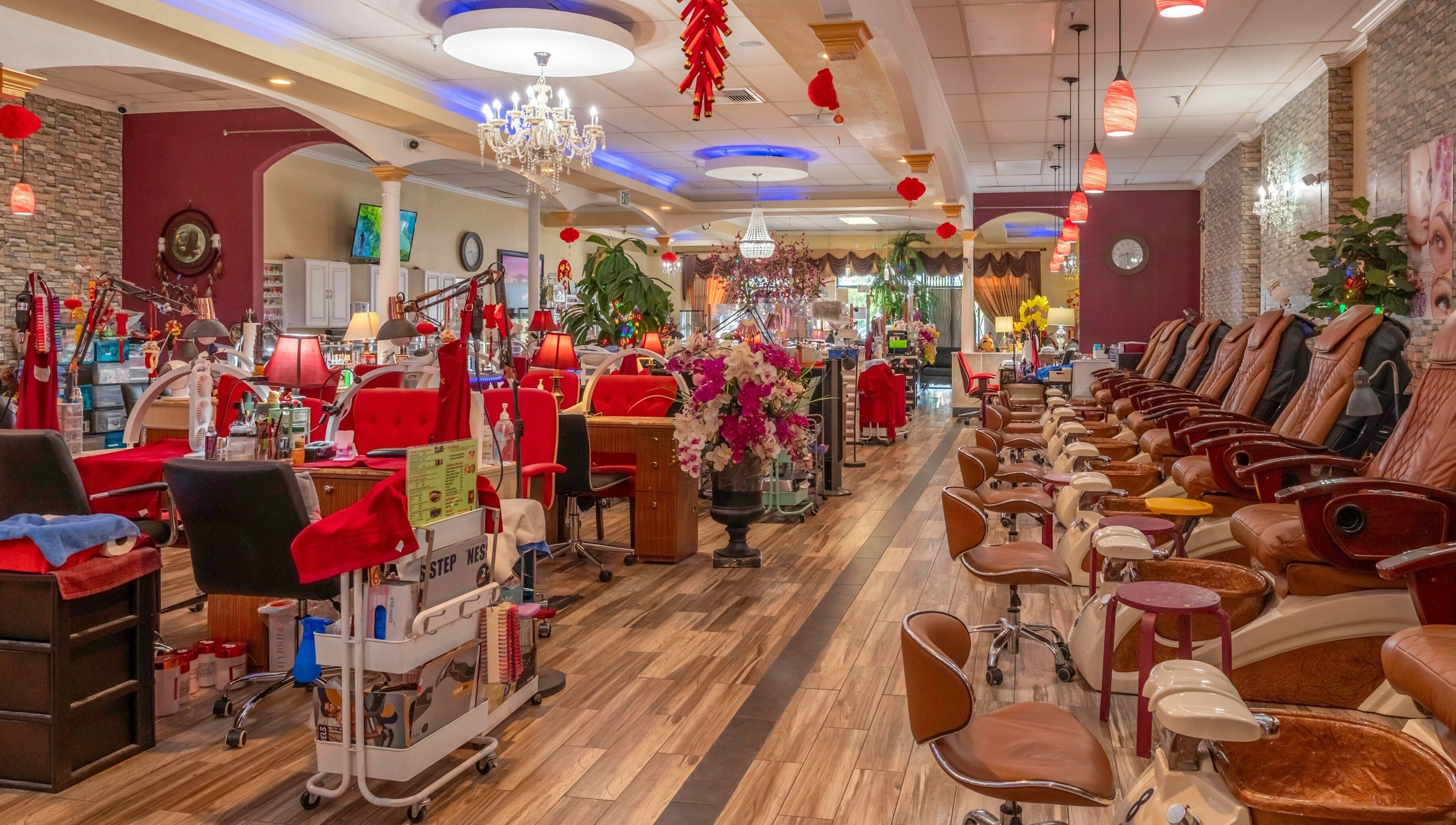 Interior of VIP Nails and Spa Official in Lodi, California, US showcasing luxurious nail stations and seating.