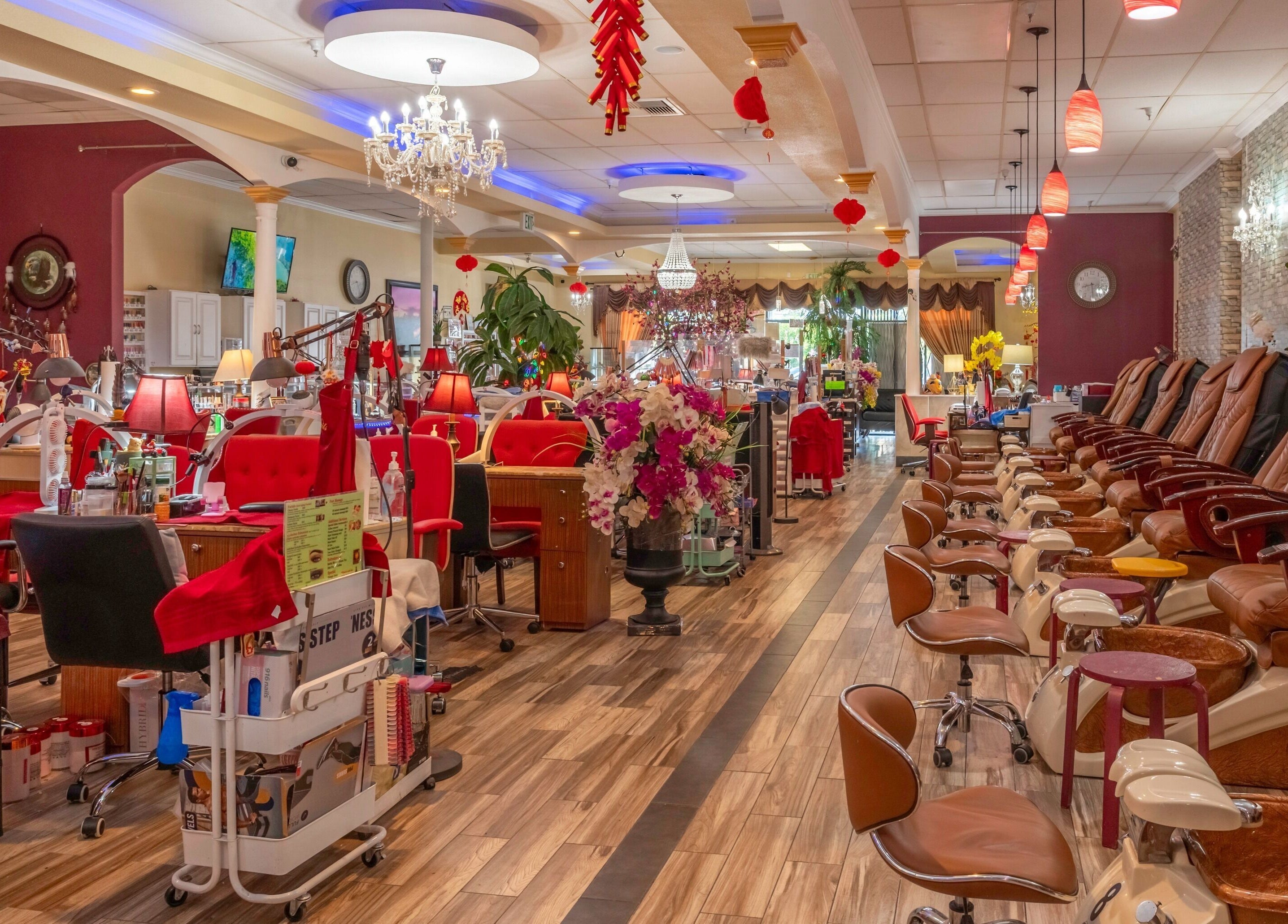 Interior of VIP Nails and Spa Official in Lodi, California, US showcasing luxurious nail stations and seating.