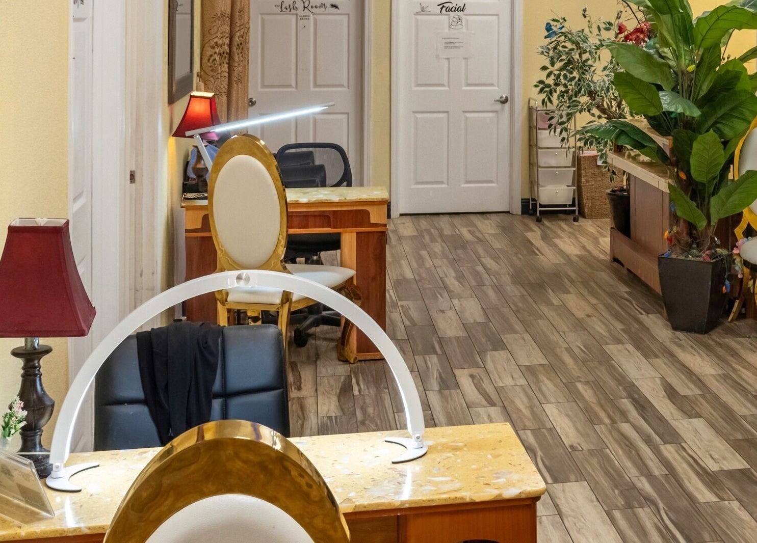 Elegant interior of VIP Nails and Spa Official in Lodi, California, US with modern decor and lush plants.