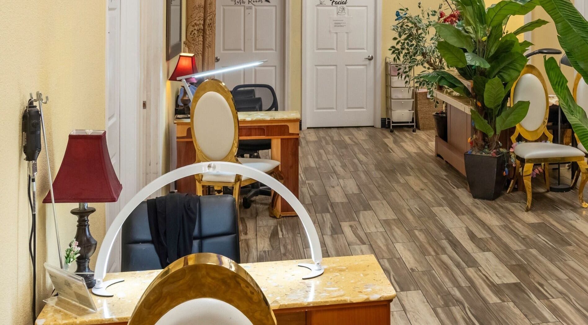 Elegant interior of VIP Nails and Spa Official in Lodi, California, US with modern decor and lush plants.