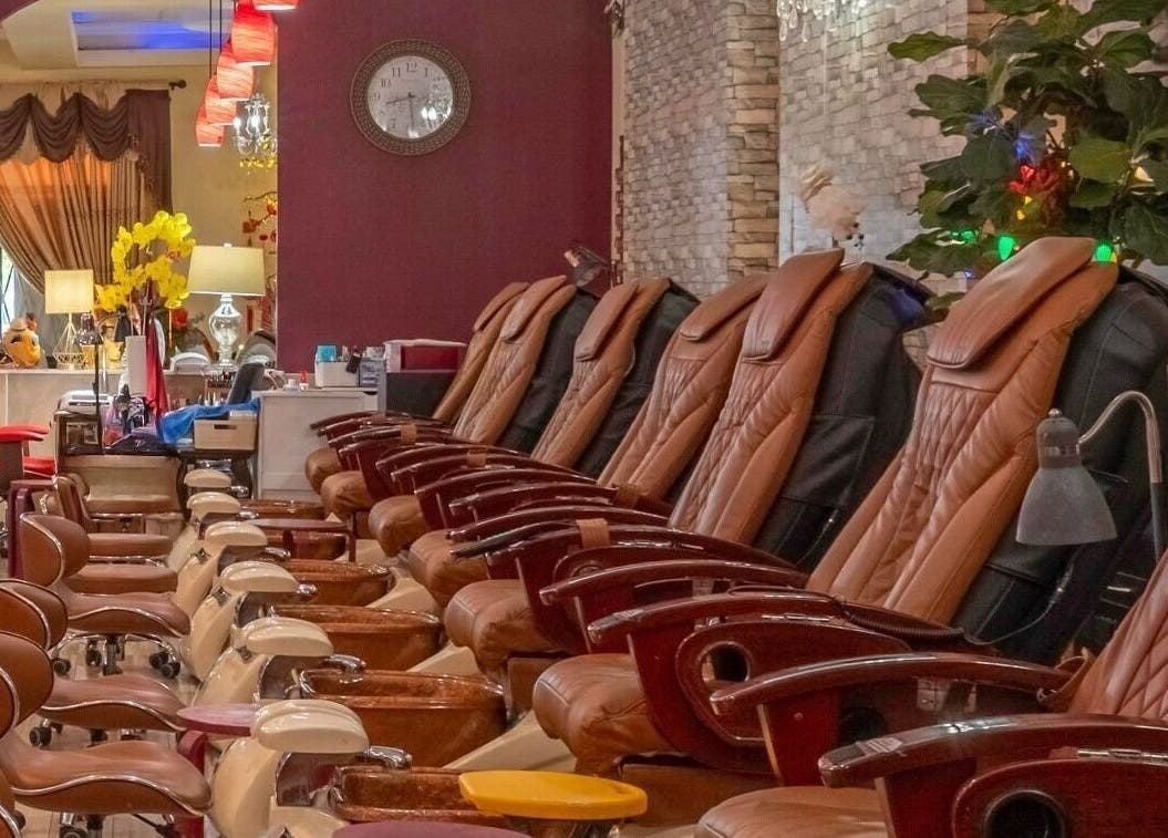 Upscale pedicure chairs at VIP Nails and Spa Official, Lodi, California, US, showcasing luxurious pampering settings.