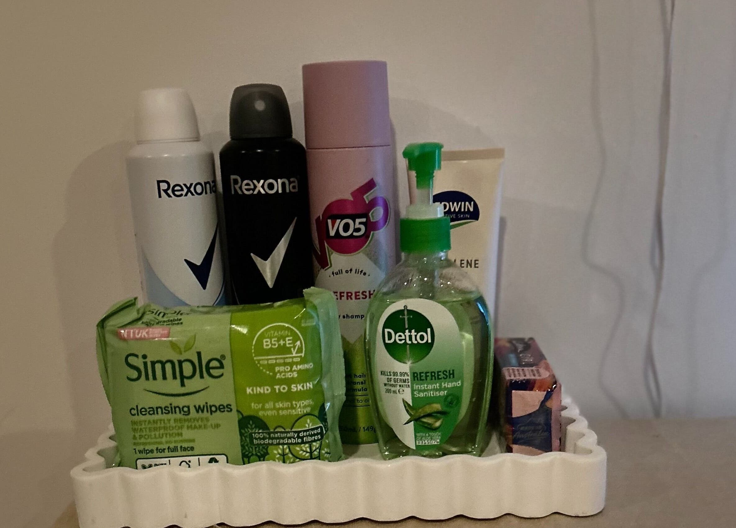 Toiletries display at Skin Deep Massage Therapy in Crib Point, Victoria, AU, featuring cleansers and sprays.