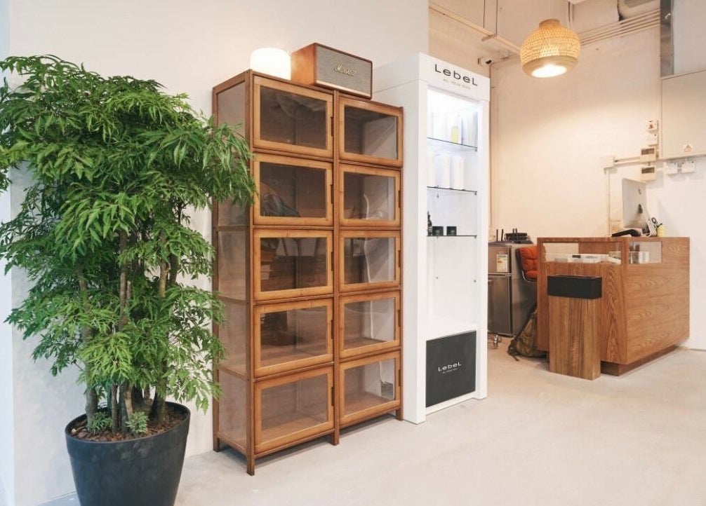 Salon Nozomi大堂内的现代木制柜子和绿色植物，位于香港島, 香港島, HK。