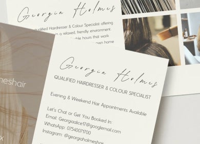 Georgia Holmes Hair brochure displaying services in Langport, England, GB, highlighting hairdressing and color expertise.