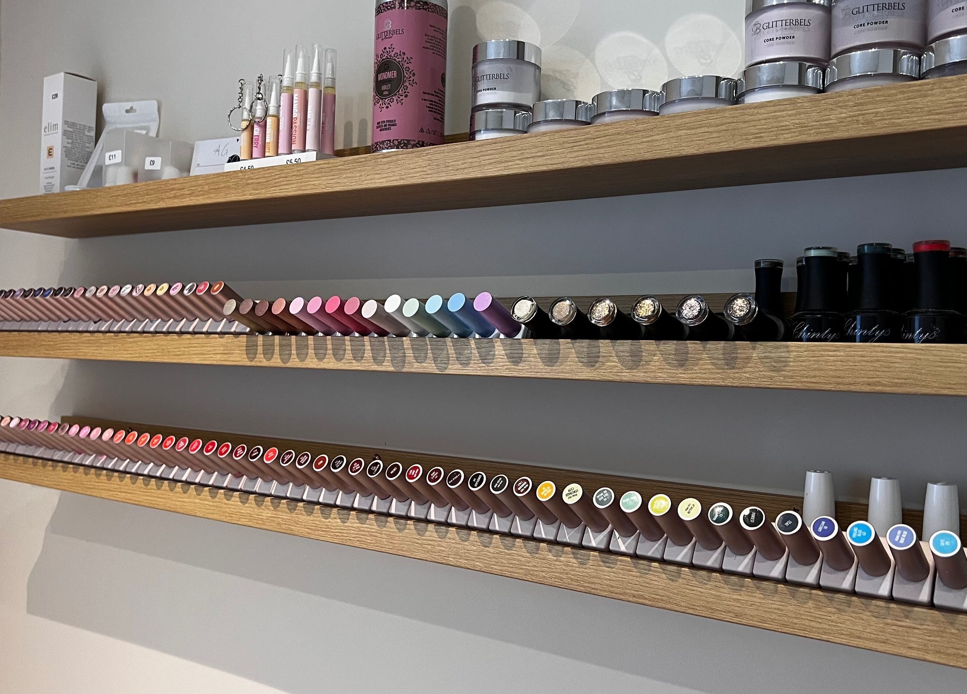Vibrant display of nail products at At Your Finger Tips in Cambuslang, Scotland, GB.