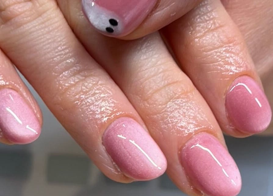 Elegant pink manicured nails at At Your Finger Tips, Cambuslang, Scotland, GB.