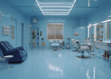 Heaven Luxe Aesthetics salon with soothing blue decor in London, England, GB invites relaxation.