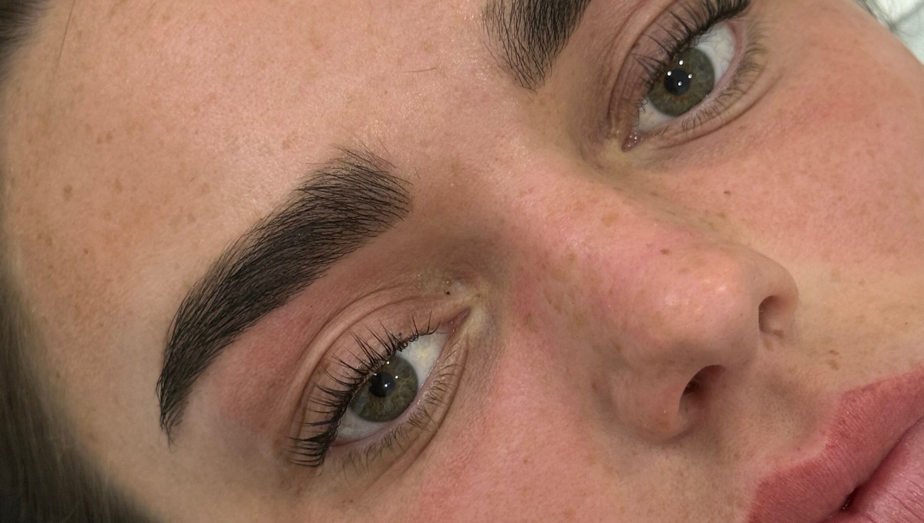 Close-up of perfectly styled eyebrows at Studio by MH, Liverpool, England, GB.