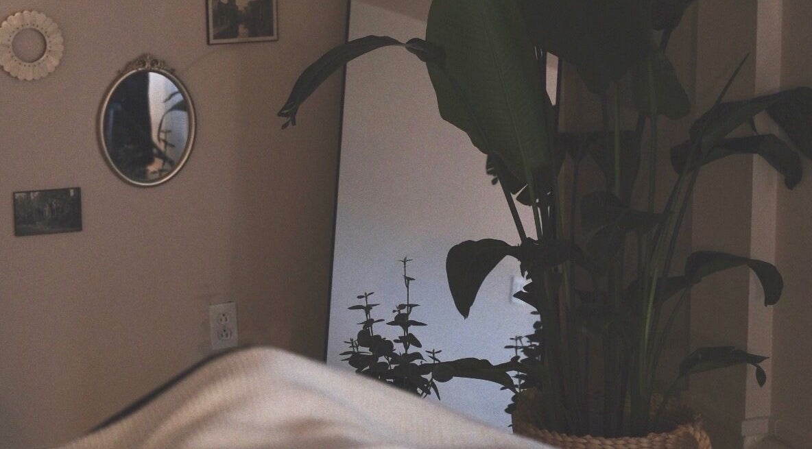 Relaxing corner at Rafaëlle Rotunno Massothérapie, Pointe-Claire, Québec, CA with mirror and lush plant decor.