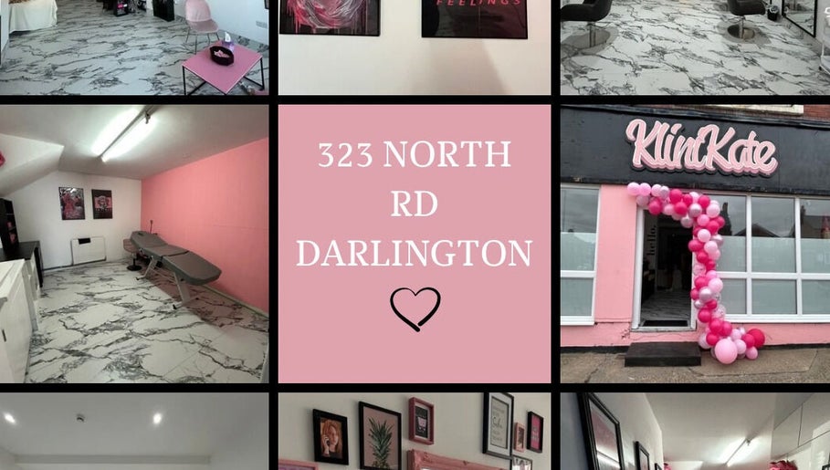 Interior and exterior of KliniKate Aesthetics & Beauty, Darlington, England, showcasing stylish decor and welcoming entrance.