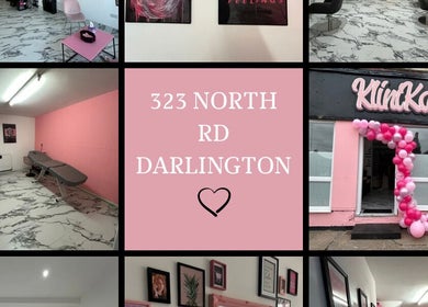 Interior and exterior of KliniKate Aesthetics & Beauty, Darlington, England, showcasing stylish decor and welcoming entrance.