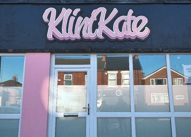 The storefront of KliniKate Aesthetics & Beauty, Darlington, England, GB, featuring a stylish sign.