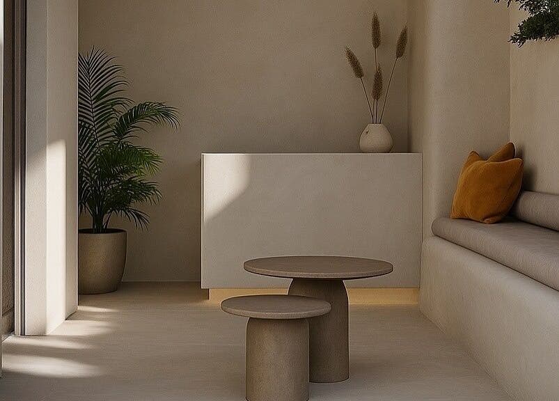 Calm lounge at Gili Head Spa, New York, with neutral tones and orange pillows for a relaxing ambiance.