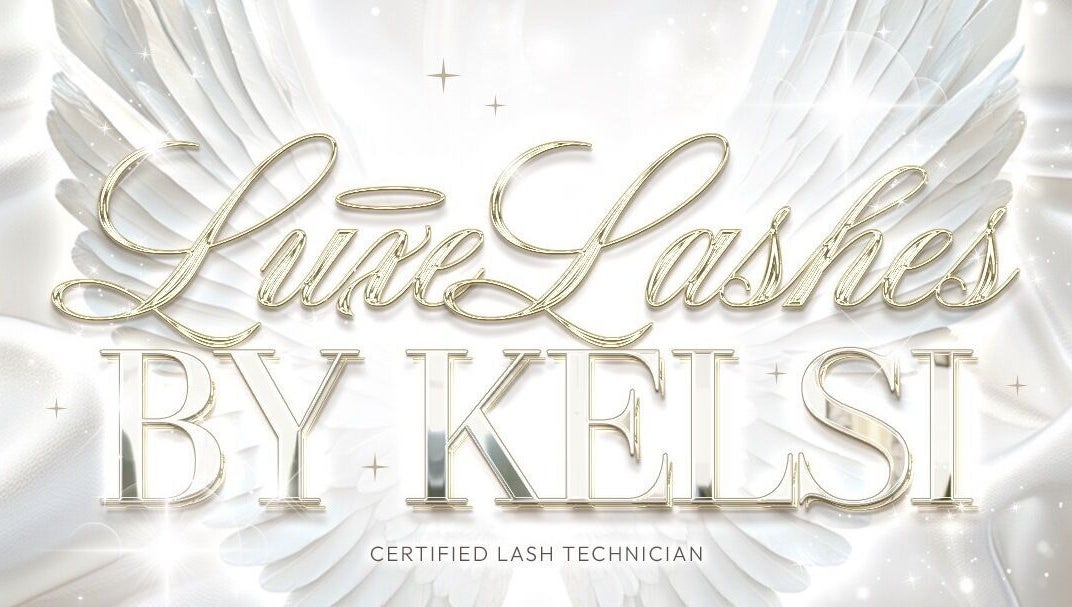 Elegant Luxe Lashes by Kelsi signage with angel wings at Bykelsigallagher, Stoneyburn, Scotland, GB.