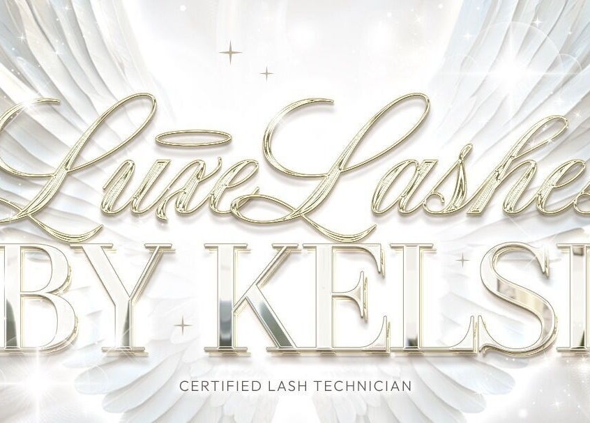Elegant Luxe Lashes by Kelsi signage with angel wings at Bykelsigallagher, Stoneyburn, Scotland, GB.