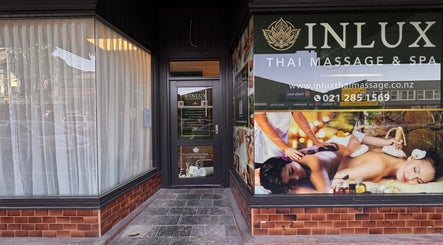 Entrance of Inlux Thai Massage & Spa, Pukekohe, Auckland, NZ, with inviting exterior and spa imagery.