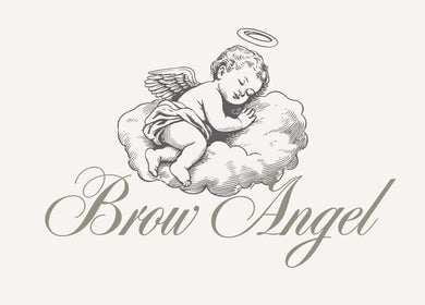 Elegant Brow Angel logo featuring an angel with halo. Beauty venue located in Toronto, Ontario, CA.