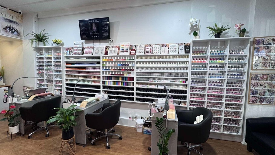 Nail polish display at Nail Art Welly in Wellington, Wellington Region, NZ, showcasing a vast array of colors.