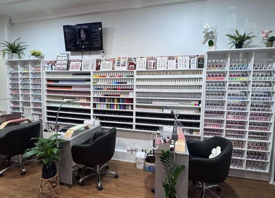 Nail polish display at Nail Art Welly in Wellington, Wellington Region, NZ, showcasing a vast array of colors.