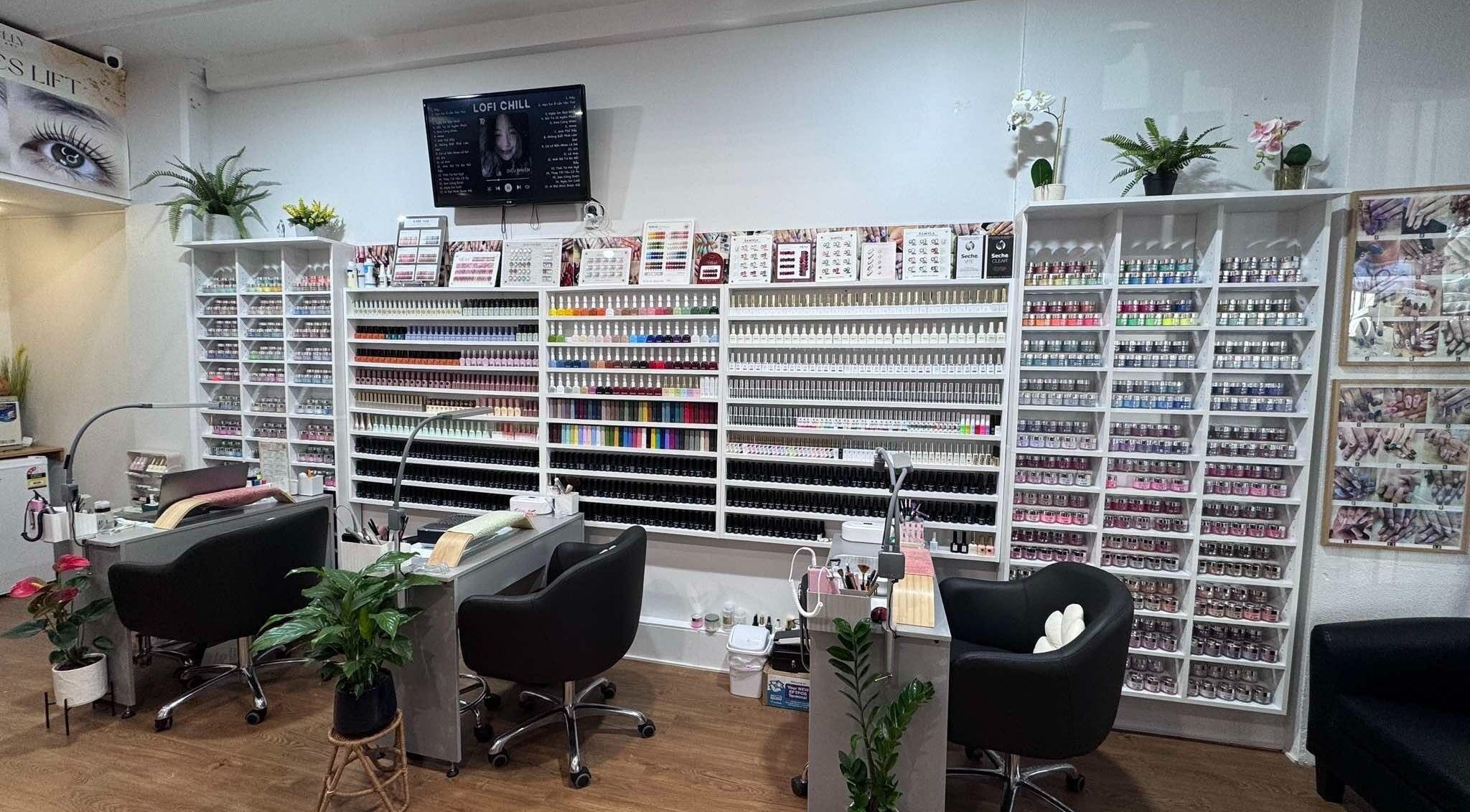 Nail polish display at Nail Art Welly in Wellington, Wellington Region, NZ, showcasing a vast array of colors.