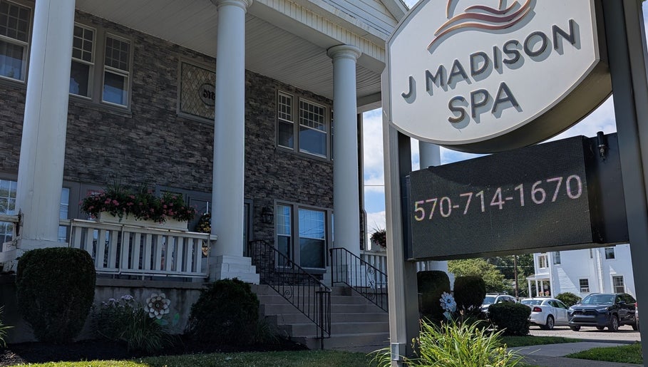 J. Madison Spa entrance with welcoming sign in Kingston, PA, US.