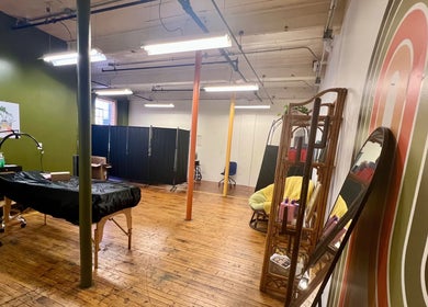 Interior of Rosy Cheeks Beauty Studio in Biddeford, Maine, US featuring stylish decor and beauty treatment setup.