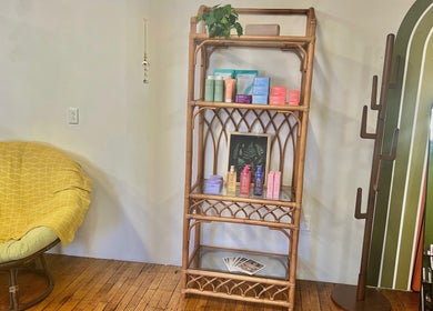 Cozy nook with beauty products at Rosy Cheeks Beauty Studio in Biddeford, Maine, US.