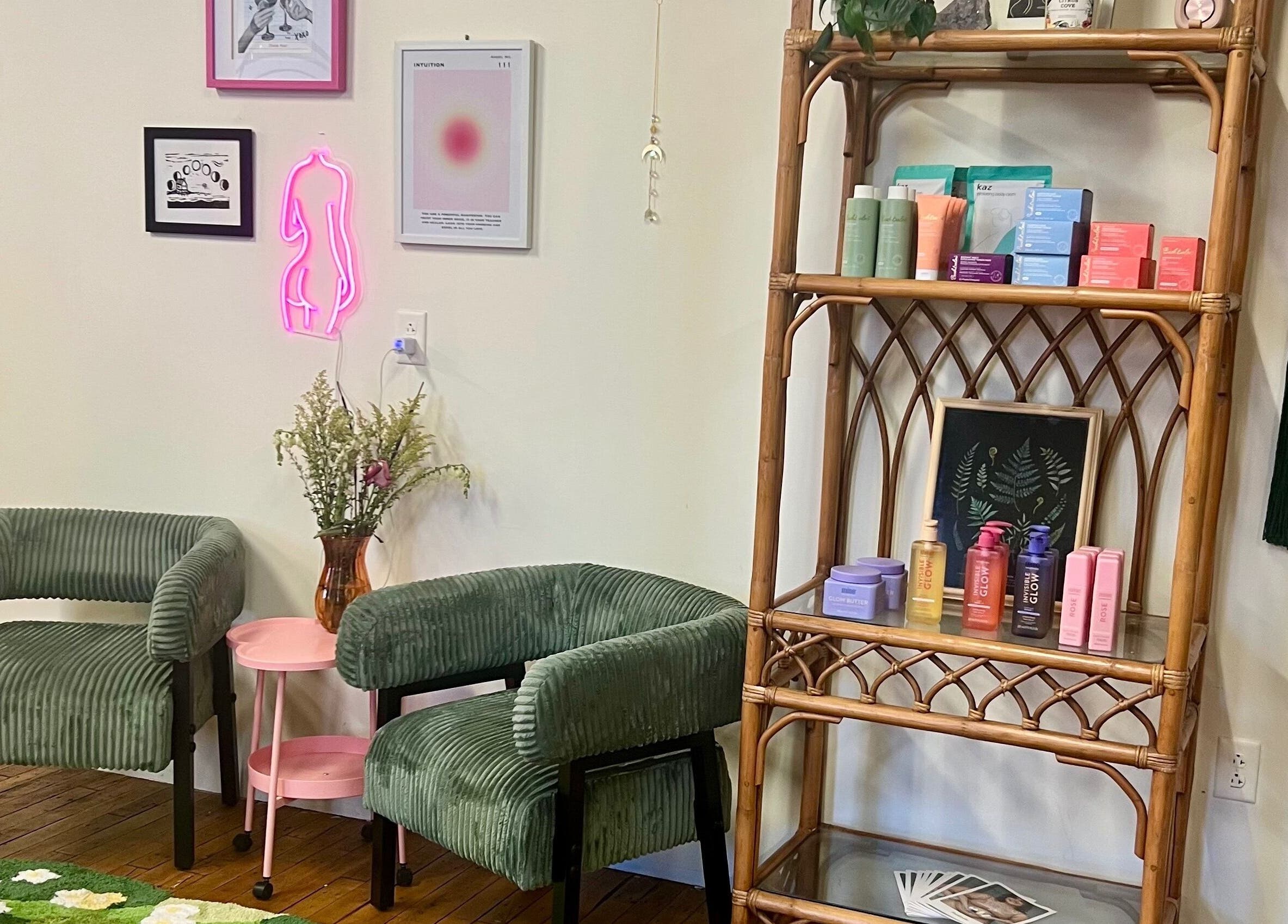 Elegant seating and products at Rosy Cheeks Beauty Studio, Biddeford, Maine, US.