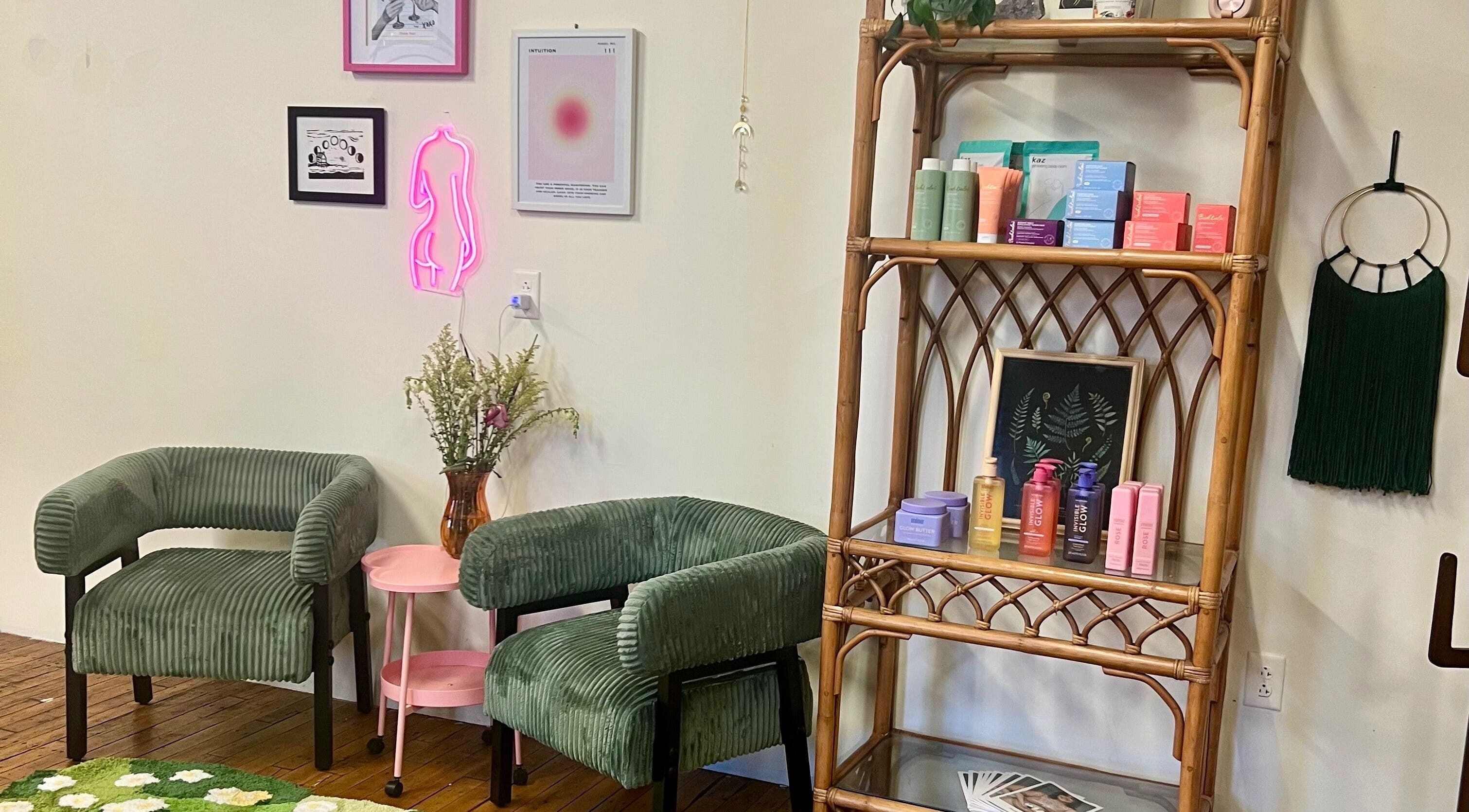 Elegant seating and products at Rosy Cheeks Beauty Studio, Biddeford, Maine, US.