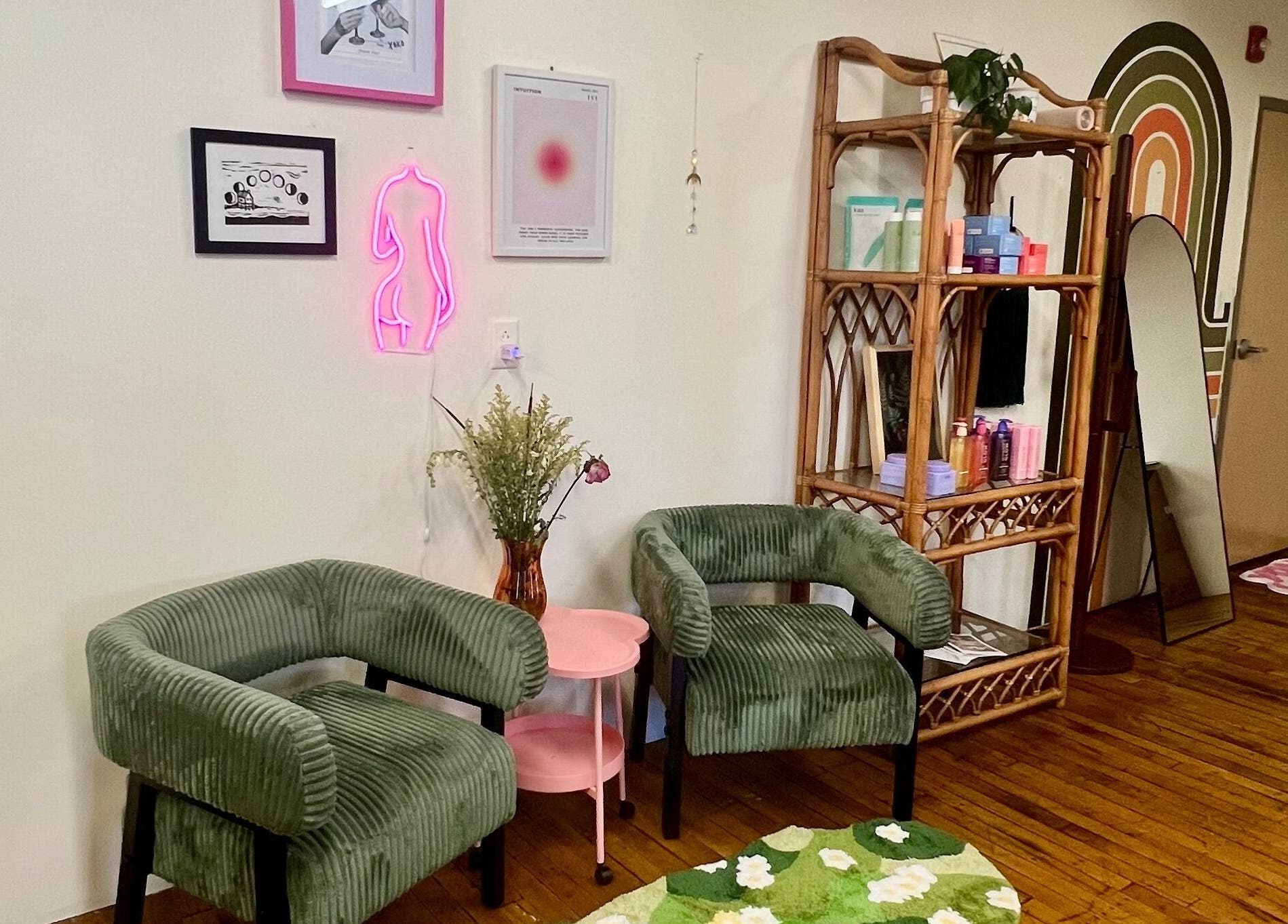 Inviting lounge at Rosy Cheeks Beauty Studio in Biddeford, Maine, US featuring chic seating and decor.