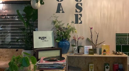 Serenity Sound Healing venue in London, England featuring vintage decor with plants and vinyl records.