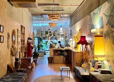 Cozy interior of Serenity Sound Healing, London, England, GB, with rustic decor and vibrant wall art.
