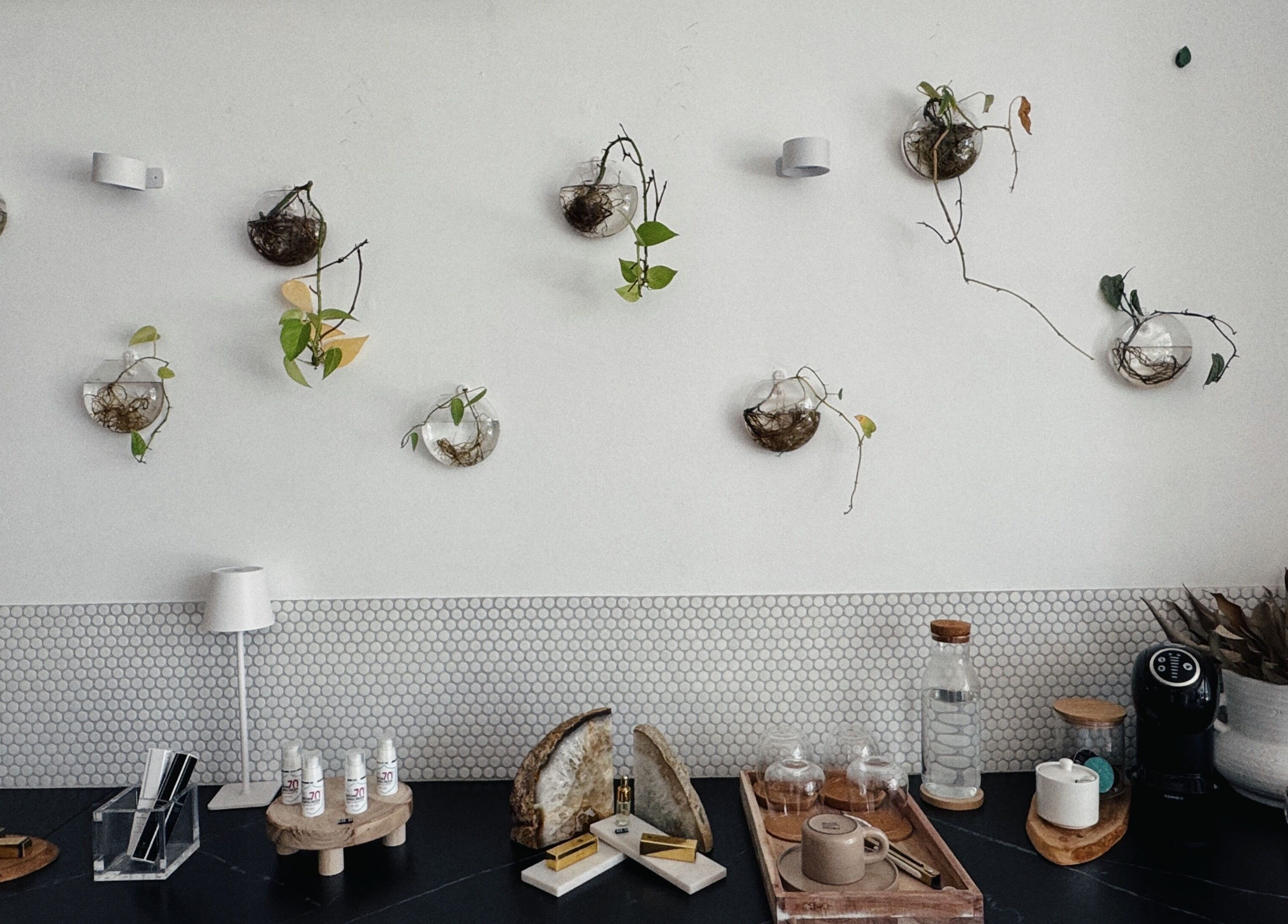 Wall decor with plants and spa setting at The Serenity Room - Massage Studio, Surfers Paradise, Queensland, AU.