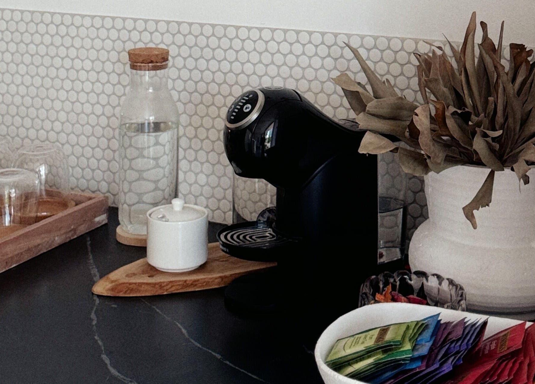 Beverage station at The Serenity Room - Massage Studio, Surfers Paradise, Queensland, AU with a coffee maker and teas.