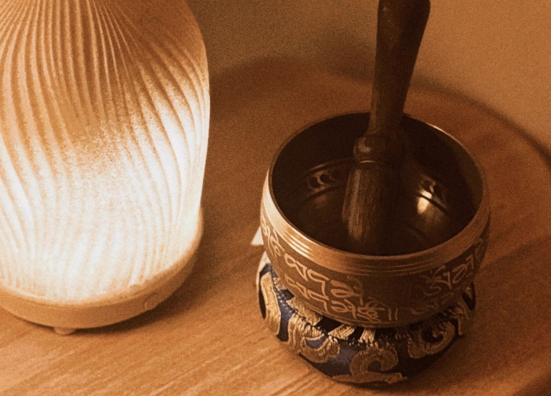 Cozy lamp and Tibetan bowl in The Serenity Room - Massage Studio, Surfers Paradise, Queensland, AU.