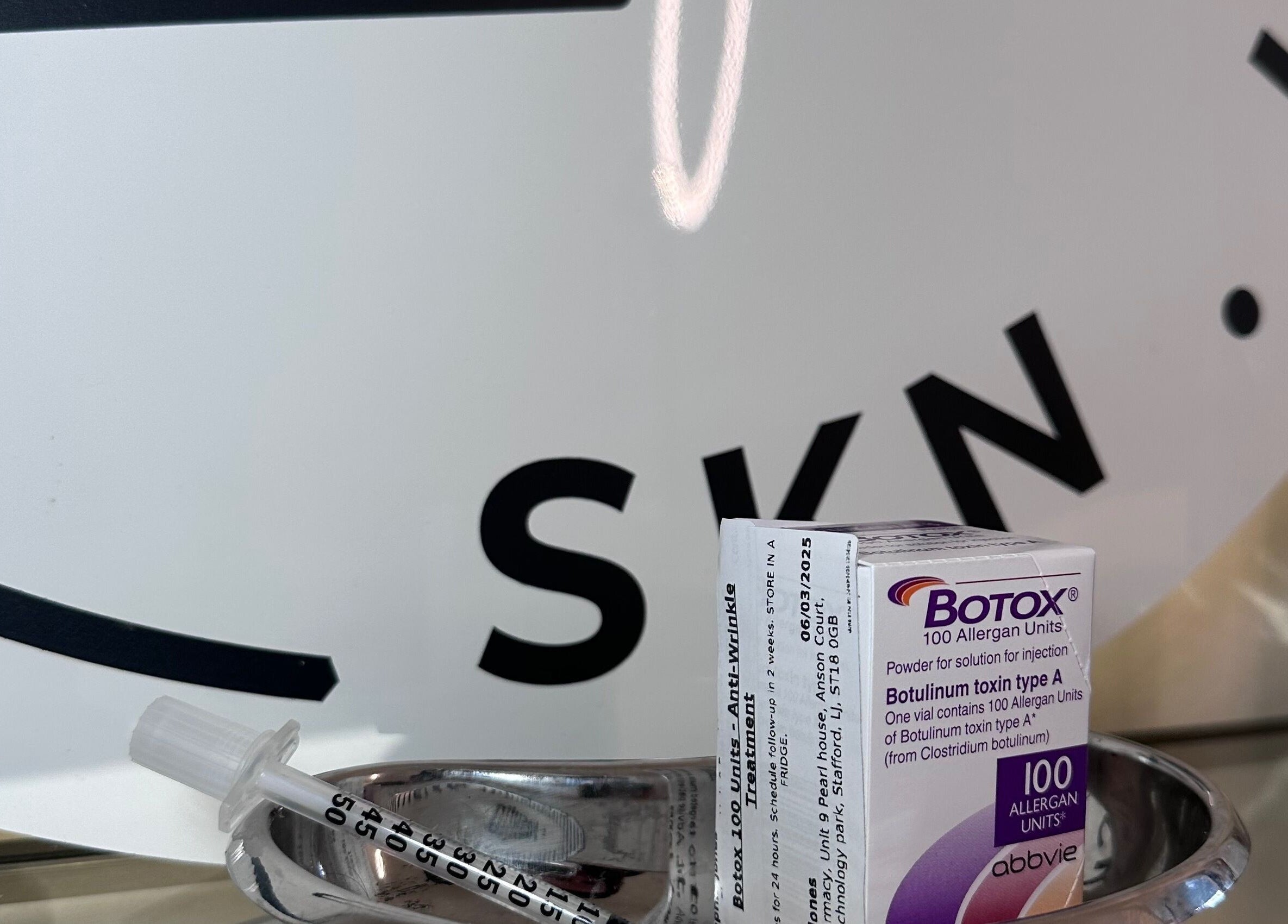 Box of Botox with syringe at SKN Lab Yorkshire, Wakefield, England, GB showcasing cosmetic services.