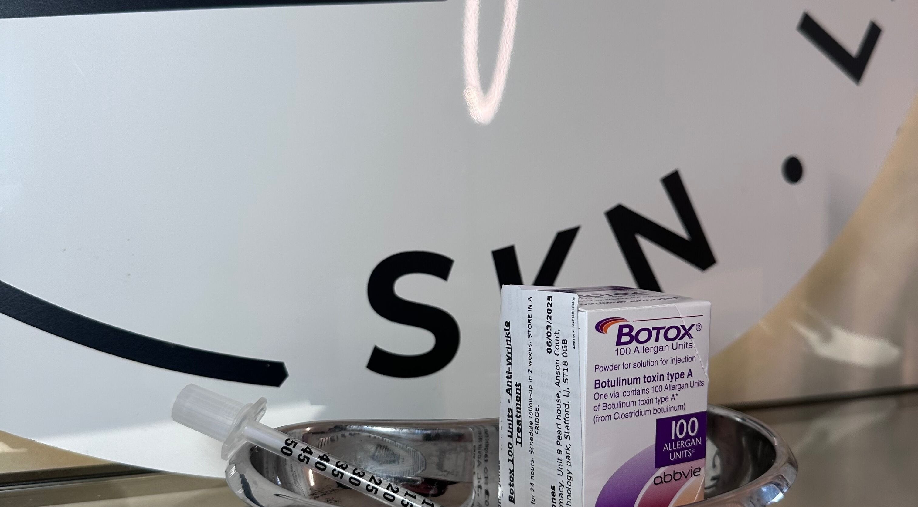 Box of Botox with syringe at SKN Lab Yorkshire, Wakefield, England, GB showcasing cosmetic services.